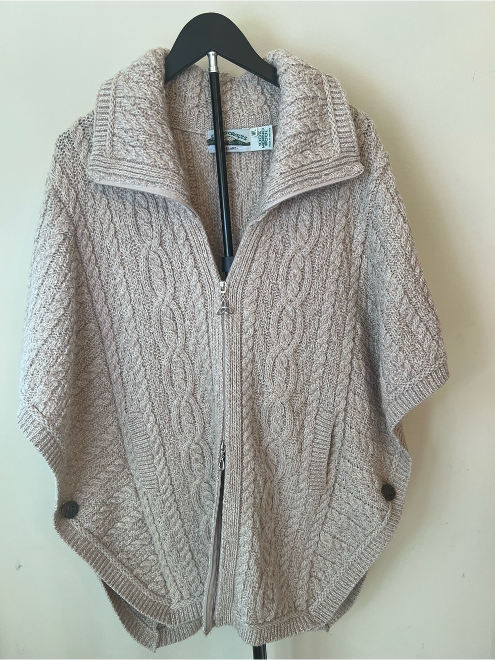 Aran Crafts Ireland Merino Wool Cable Knit Zip Poncho Cape Sweater M/L